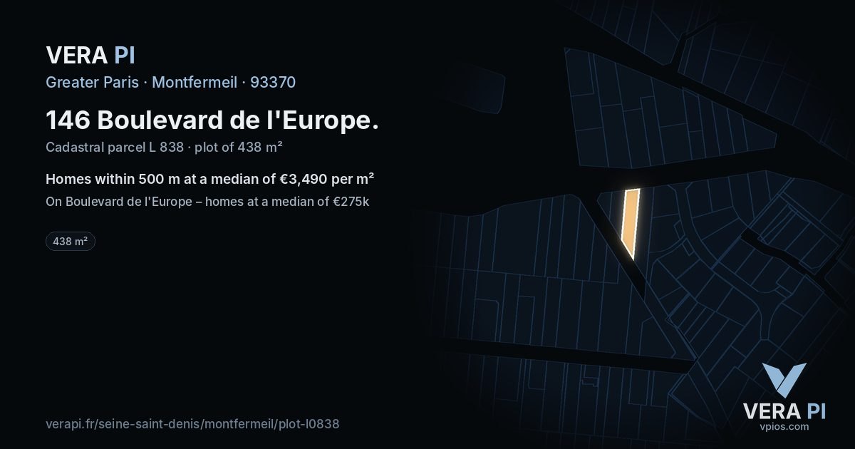146 Boulevard de l'Europe, Montfermeil at night – the plot lit, the parcels around coloured by the prices near them
