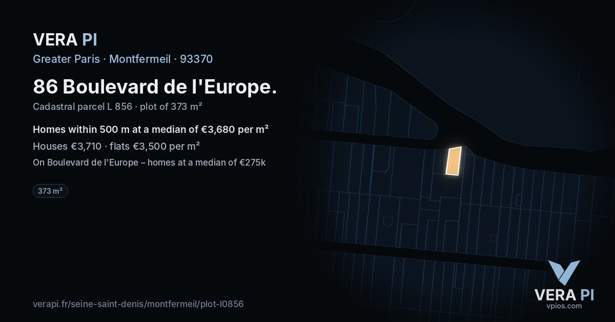86 Boulevard de l'Europe, Montfermeil at night – the plot lit, the parcels around coloured by the prices near them