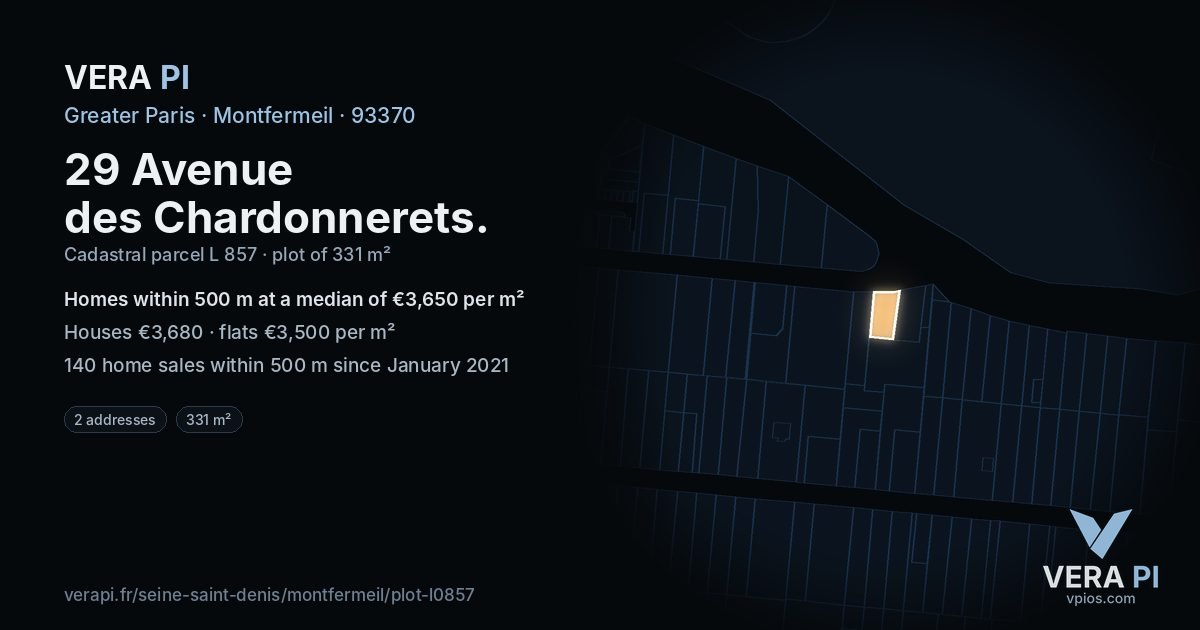 29 Avenue des Chardonnerets, Montfermeil at night – the plot lit, the parcels around coloured by the prices near them