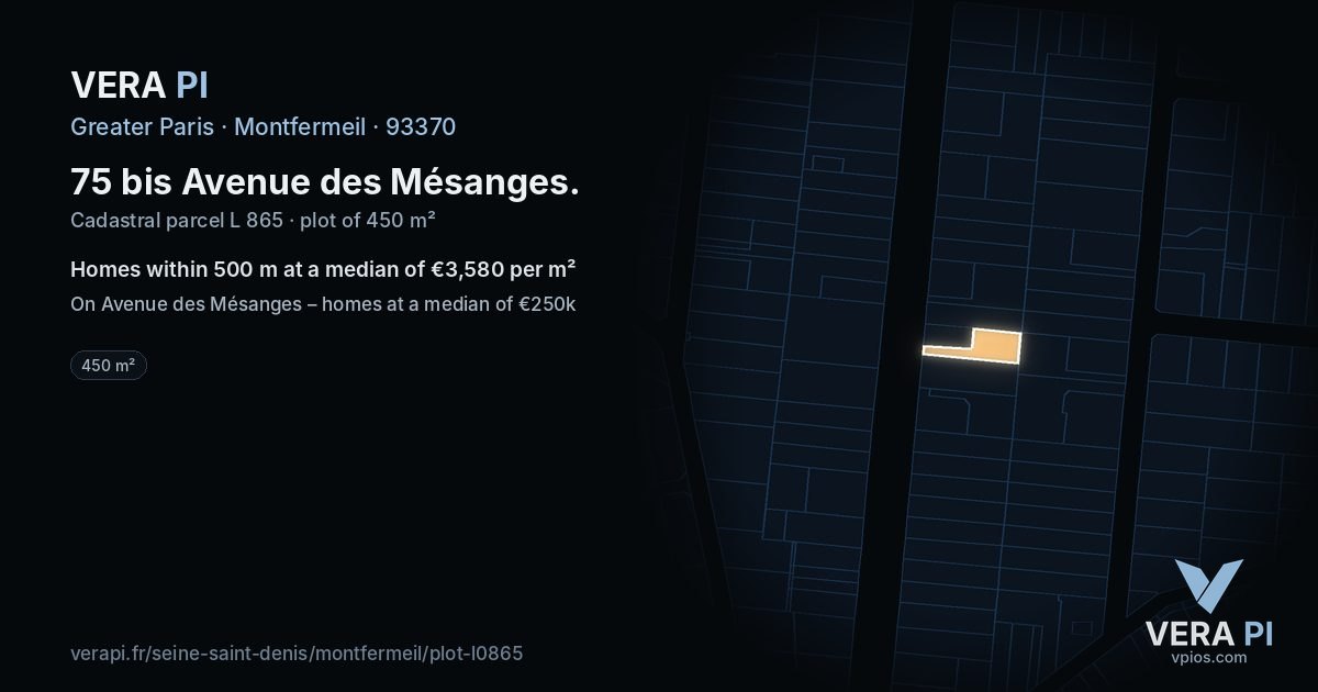 75 bis Avenue des Mésanges, Montfermeil at night – the plot lit, the parcels around coloured by the prices near them