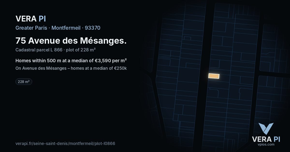 75 Avenue des Mésanges, Montfermeil at night – the plot lit, the parcels around coloured by the prices near them