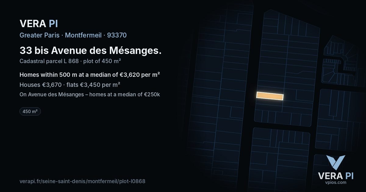 33 bis Avenue des Mésanges, Montfermeil at night – the plot lit, the parcels around coloured by the prices near them