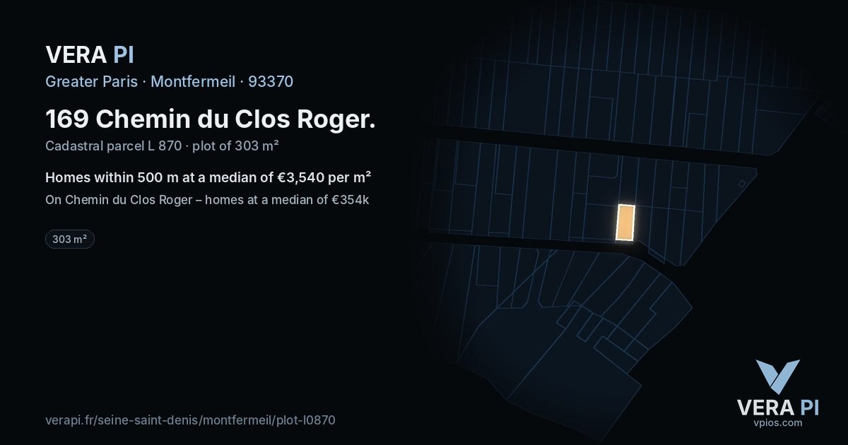 169 Chemin du Clos Roger, Montfermeil at night – the plot lit, the parcels around coloured by the prices near them