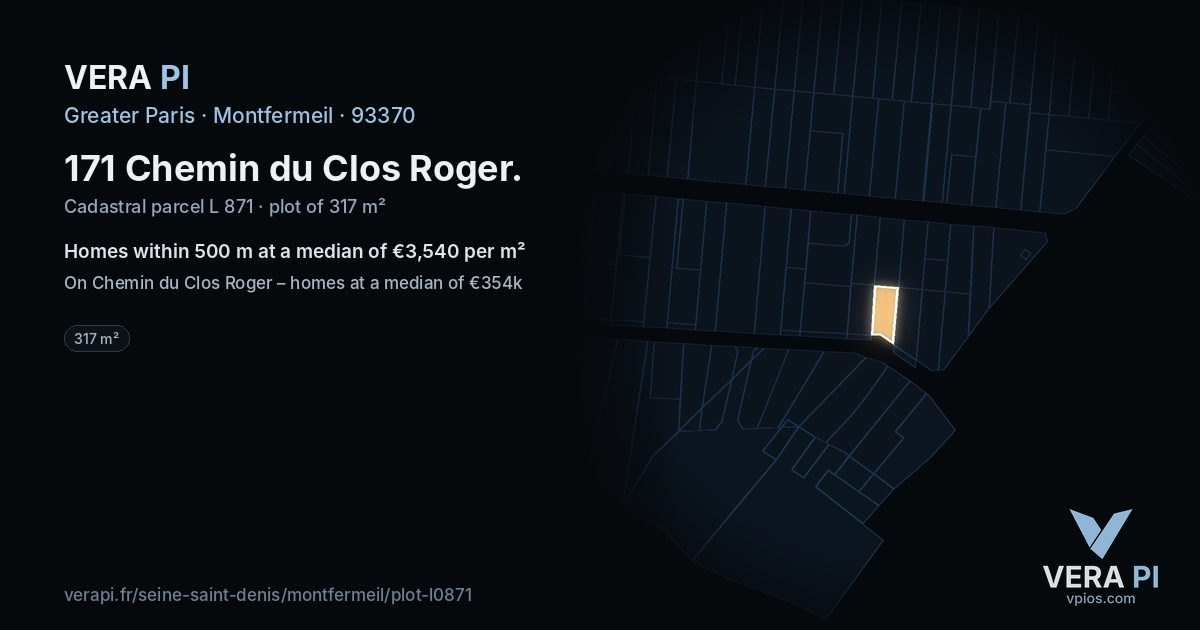 171 Chemin du Clos Roger, Montfermeil at night – the plot lit, the parcels around coloured by the prices near them