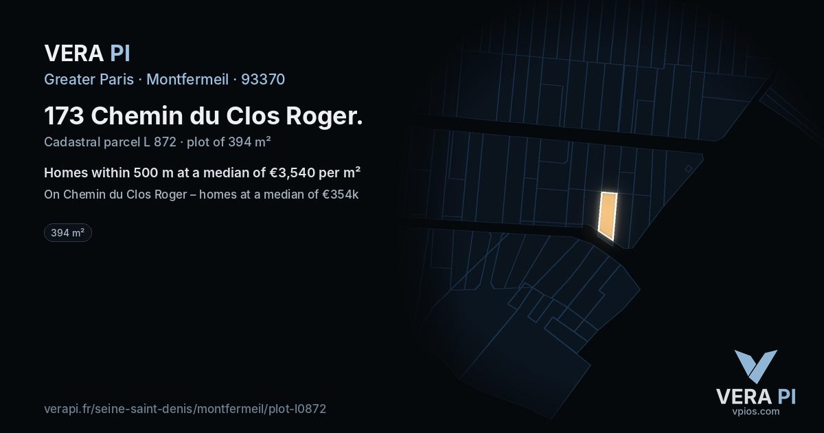 173 Chemin du Clos Roger, Montfermeil at night – the plot lit, the parcels around coloured by the prices near them