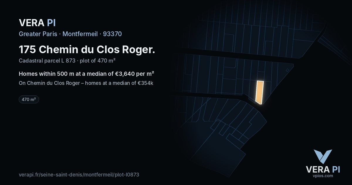 175 Chemin du Clos Roger, Montfermeil at night – the plot lit, the parcels around coloured by the prices near them