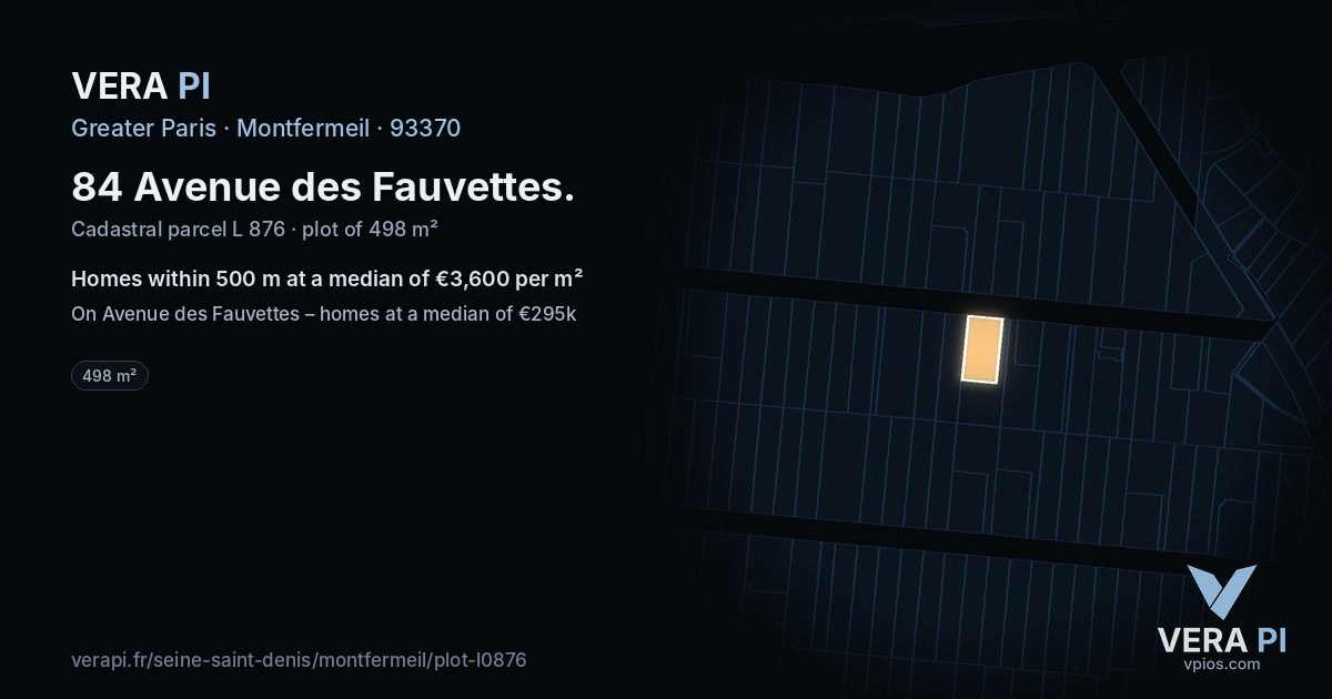 84 Avenue des Fauvettes, Montfermeil at night – the plot lit, the parcels around coloured by the prices near them