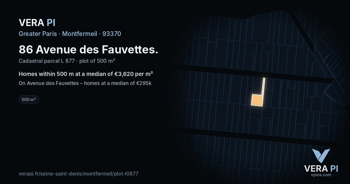 86 Avenue des Fauvettes, Montfermeil at night – the plot lit, the parcels around coloured by the prices near them