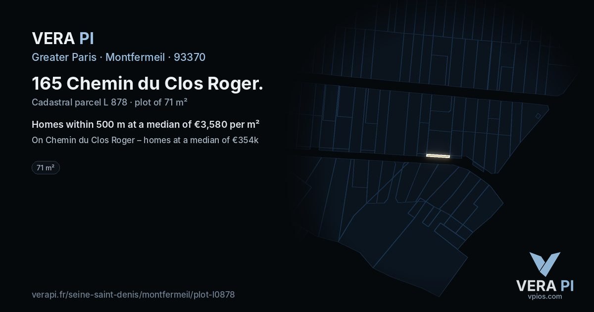 165 Chemin du Clos Roger, Montfermeil at night – the plot lit, the parcels around coloured by the prices near them