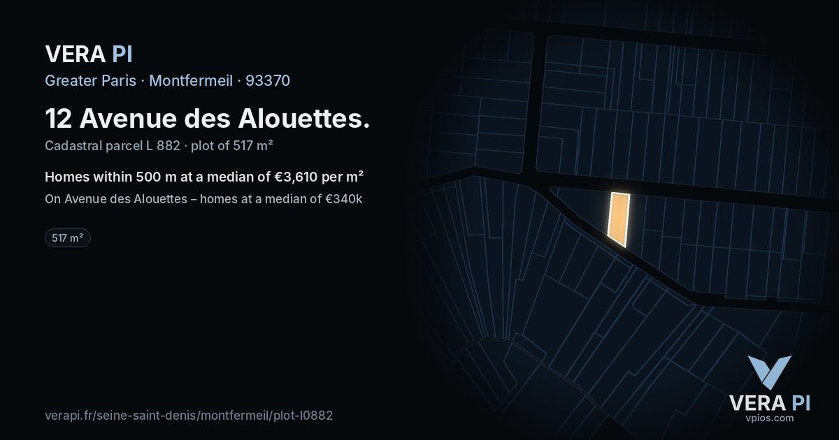 12 Avenue des Alouettes, Montfermeil at night – the plot lit, the parcels around coloured by the prices near them