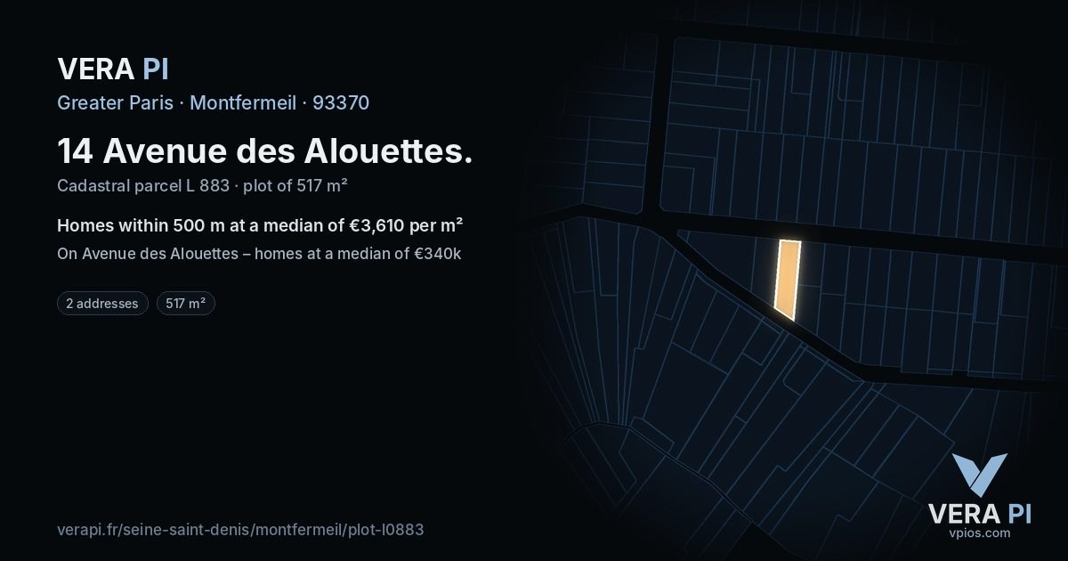 14 Avenue des Alouettes, Montfermeil at night – the plot lit, the parcels around coloured by the prices near them