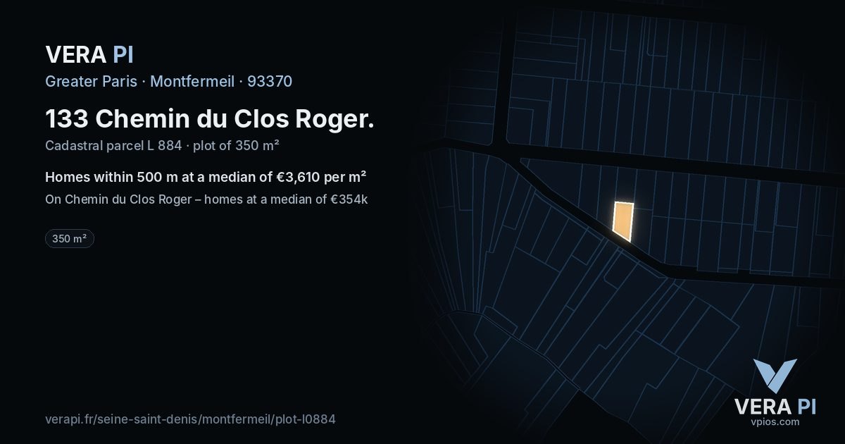 133 Chemin du Clos Roger, Montfermeil at night – the plot lit, the parcels around coloured by the prices near them