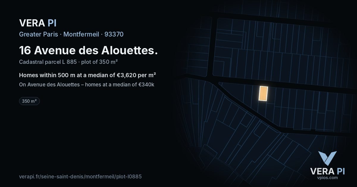 16 Avenue des Alouettes, Montfermeil at night – the plot lit, the parcels around coloured by the prices near them
