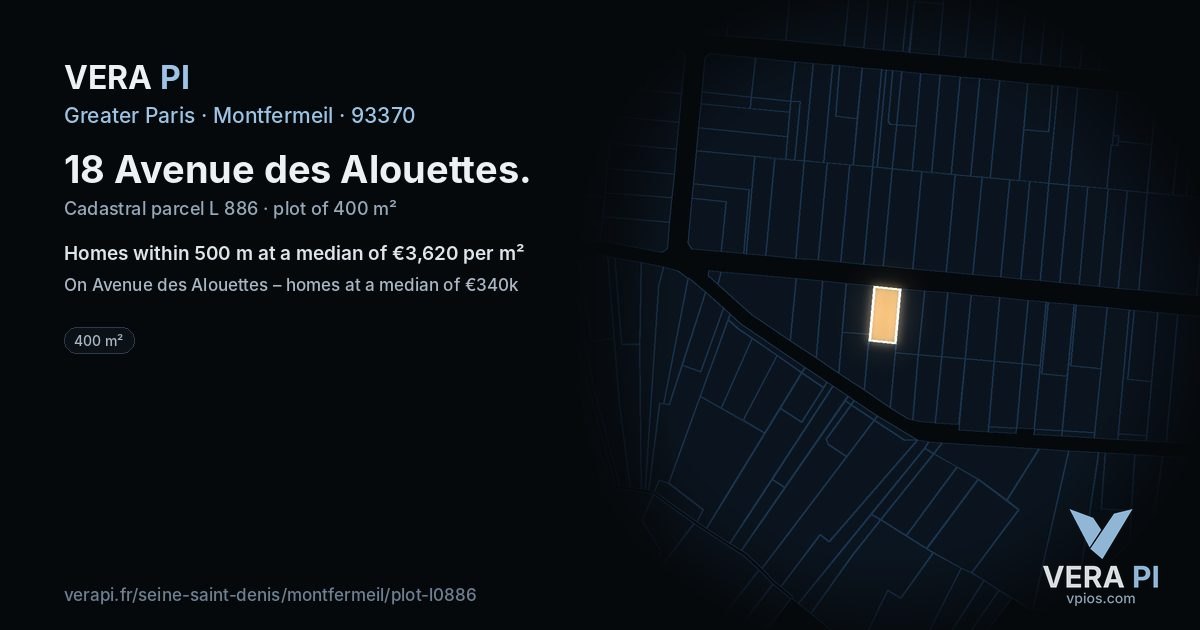 18 Avenue des Alouettes, Montfermeil at night – the plot lit, the parcels around coloured by the prices near them