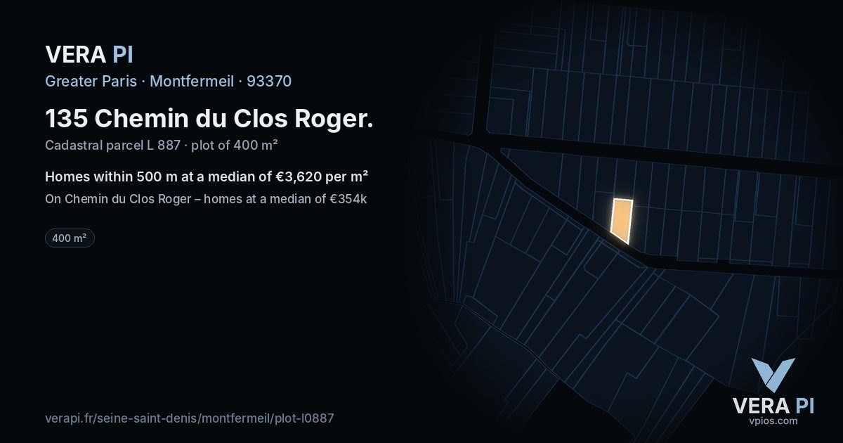 135 Chemin du Clos Roger, Montfermeil at night – the plot lit, the parcels around coloured by the prices near them