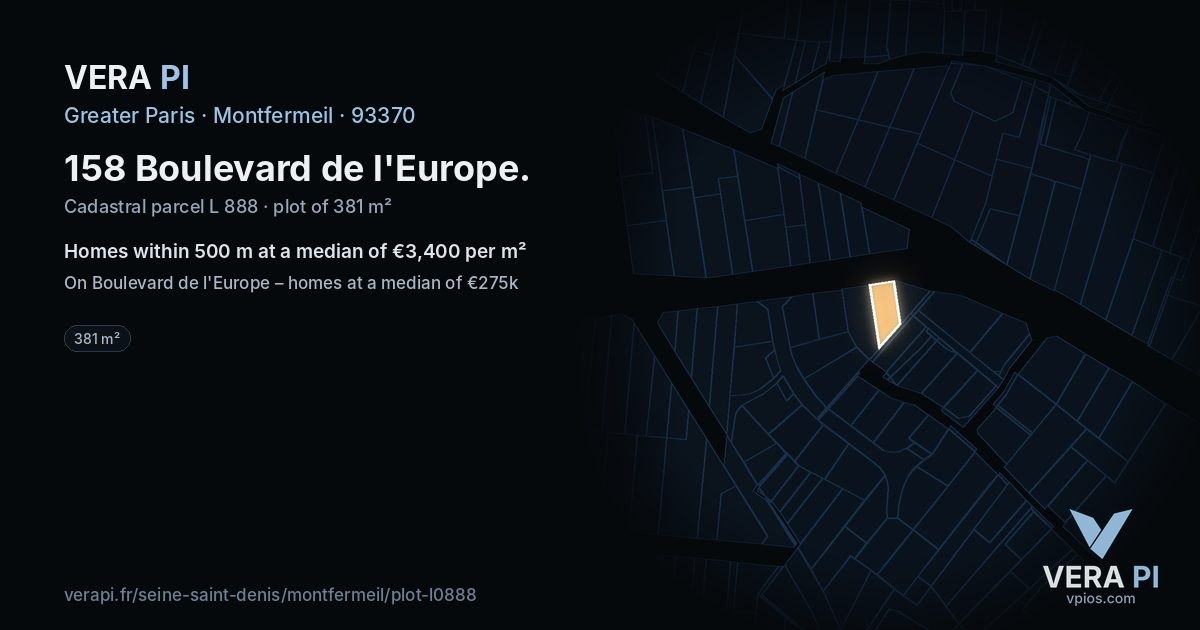 158 Boulevard de l'Europe, Montfermeil at night – the plot lit, the parcels around coloured by the prices near them