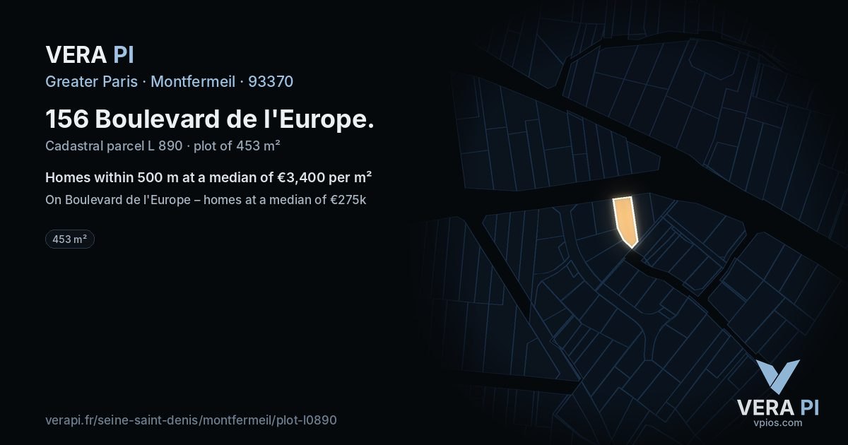 156 Boulevard de l'Europe, Montfermeil at night – the plot lit, the parcels around coloured by the prices near them