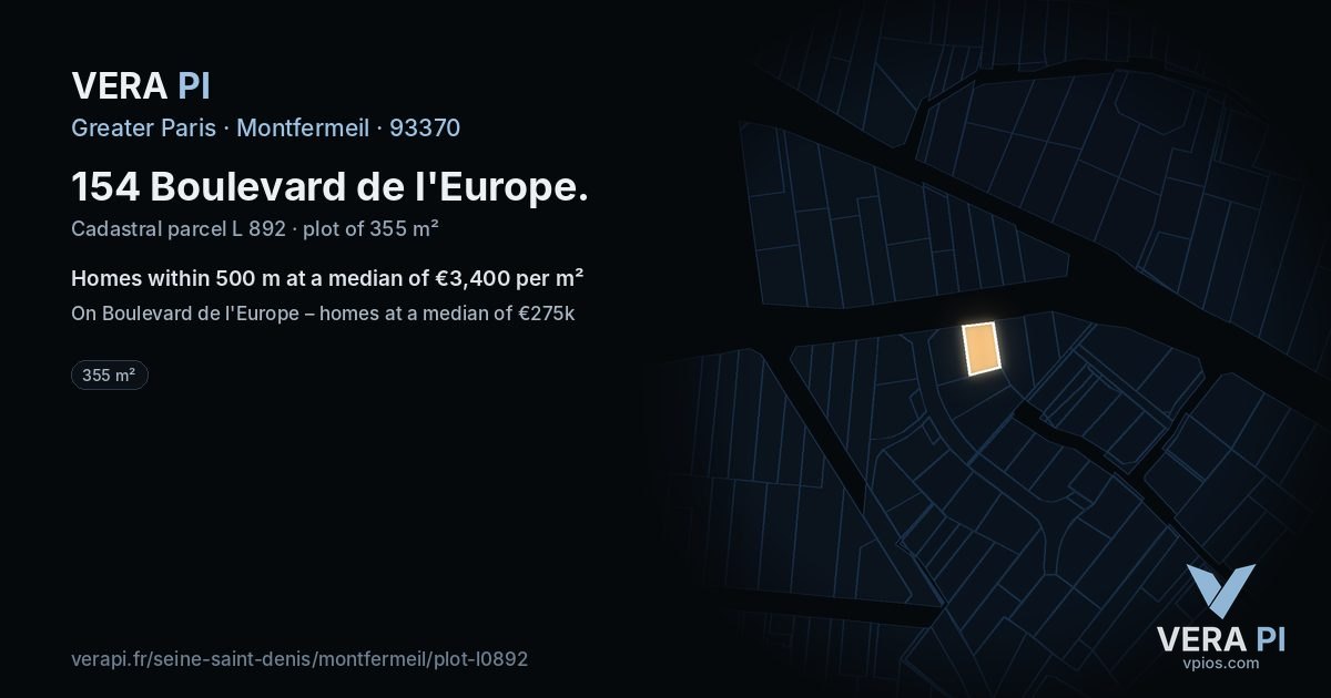 154 Boulevard de l'Europe, Montfermeil at night – the plot lit, the parcels around coloured by the prices near them