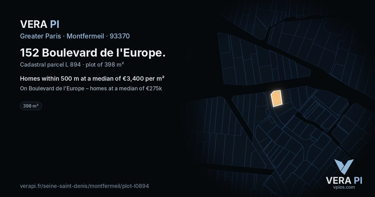 152 Boulevard de l'Europe, Montfermeil at night – the plot lit, the parcels around coloured by the prices near them