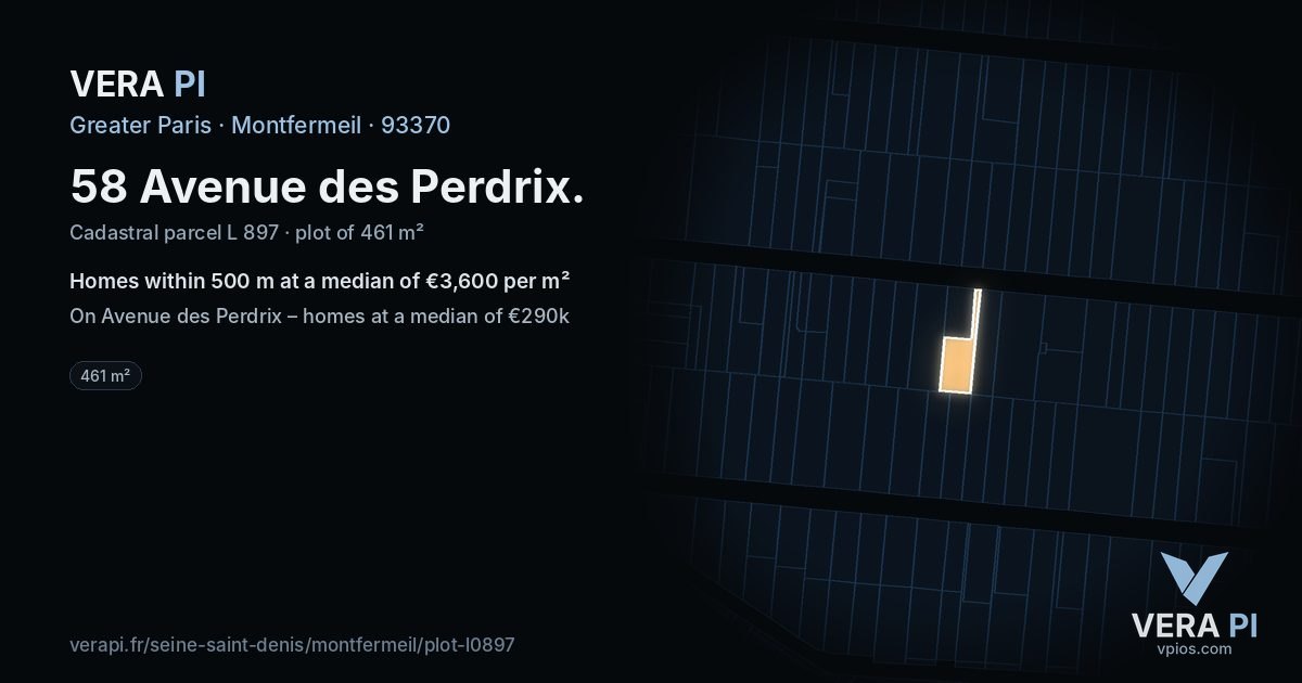 58 Avenue des Perdrix, Montfermeil at night – the plot lit, the parcels around coloured by the prices near them