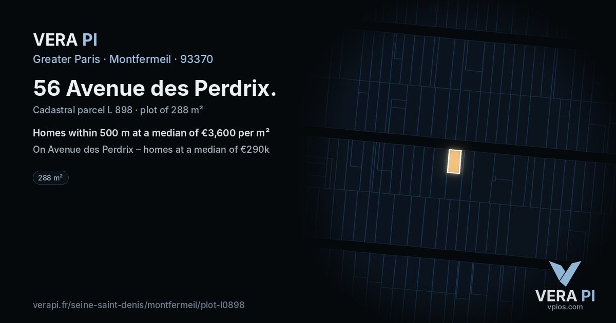 56 Avenue des Perdrix, Montfermeil at night – the plot lit, the parcels around coloured by the prices near them