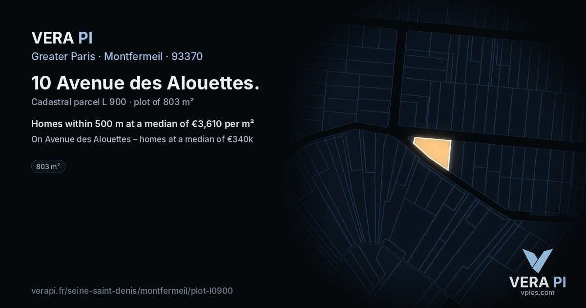 10 Avenue des Alouettes, Montfermeil at night – the plot lit, the parcels around coloured by the prices near them