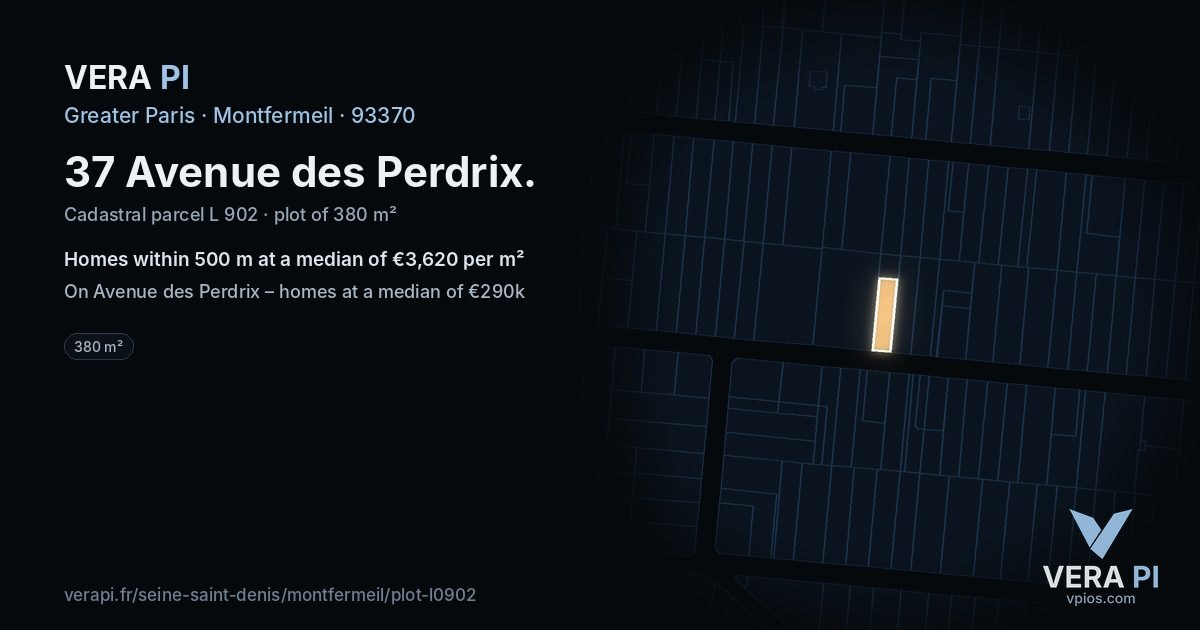 37 Avenue des Perdrix, Montfermeil at night – the plot lit, the parcels around coloured by the prices near them