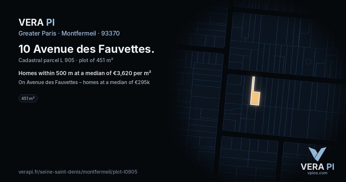 10 Avenue des Fauvettes, Montfermeil at night – the plot lit, the parcels around coloured by the prices near them