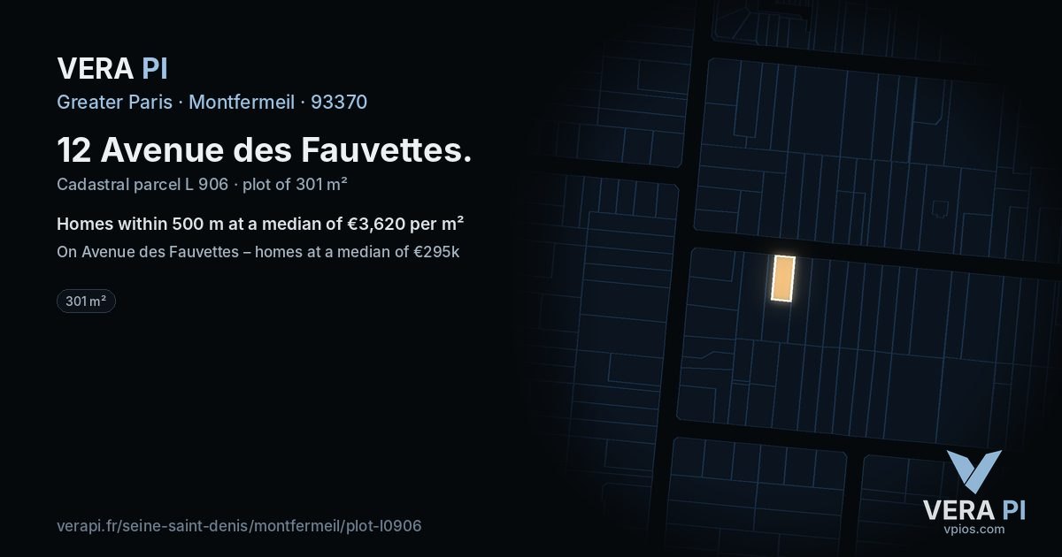 12 Avenue des Fauvettes, Montfermeil at night – the plot lit, the parcels around coloured by the prices near them