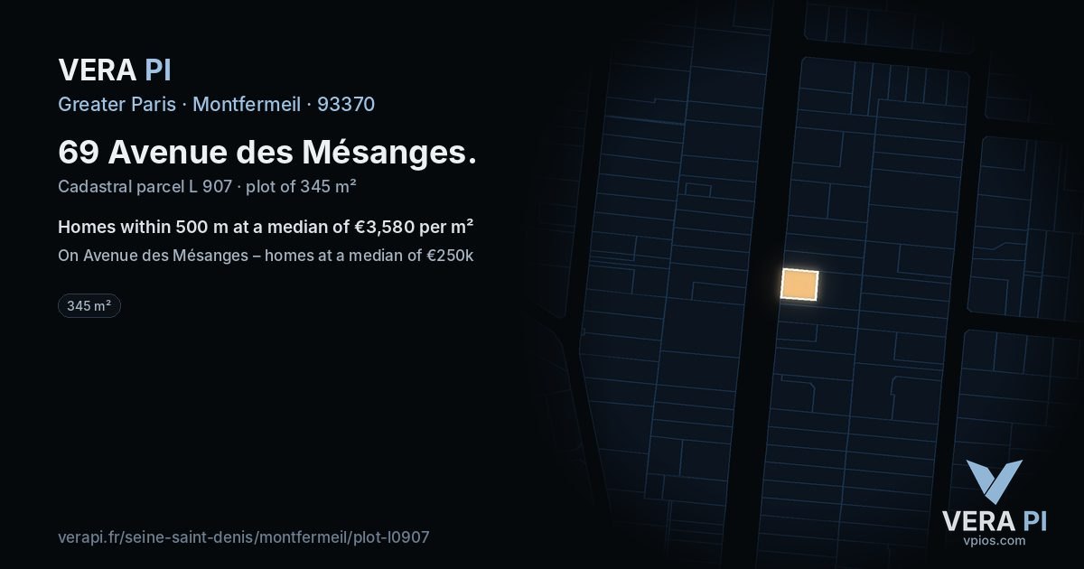 69 Avenue des Mésanges, Montfermeil at night – the plot lit, the parcels around coloured by the prices near them