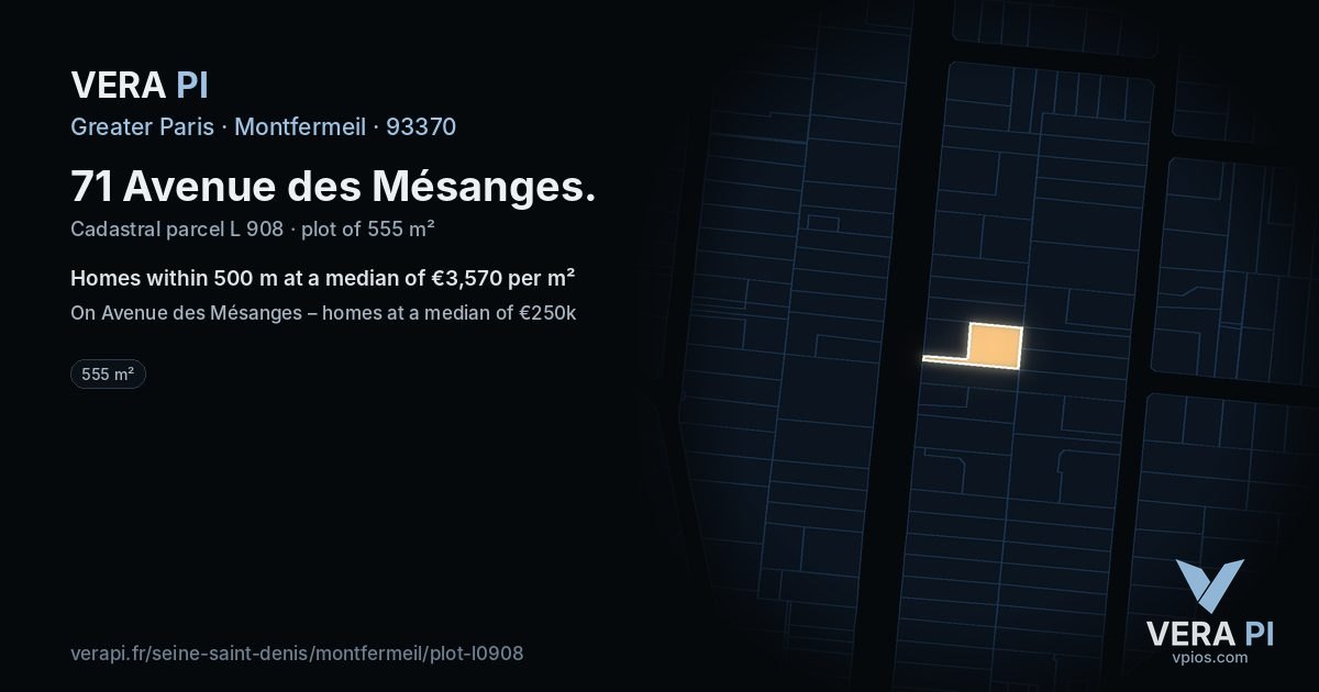 71 Avenue des Mésanges, Montfermeil at night – the plot lit, the parcels around coloured by the prices near them