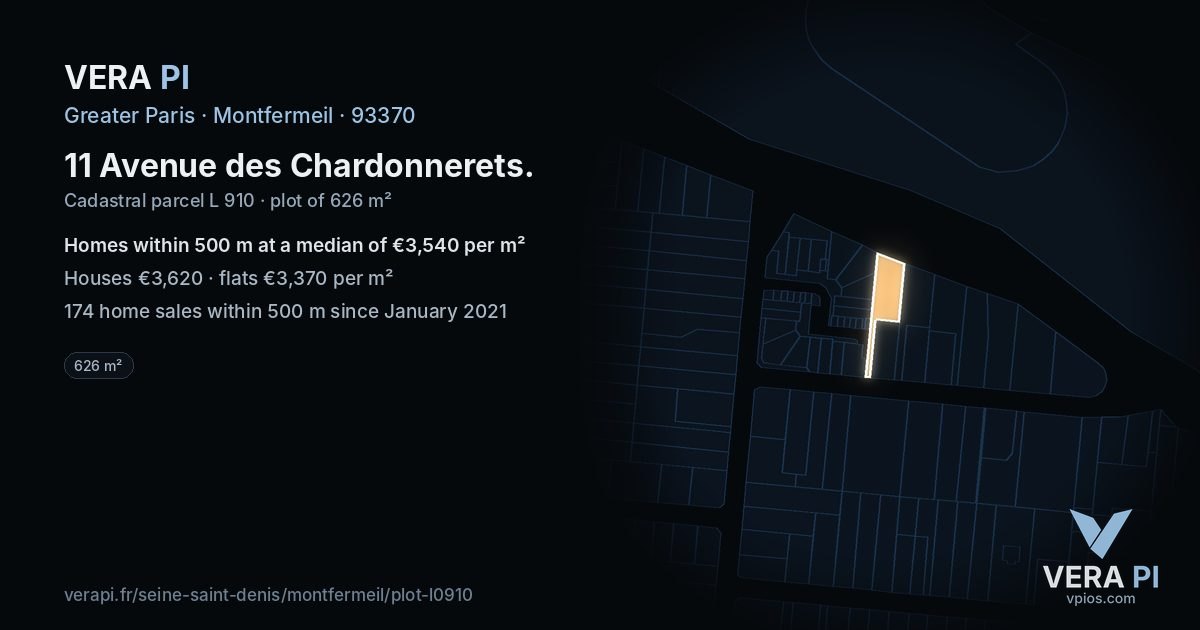11 Avenue des Chardonnerets, Montfermeil at night – the plot lit, the parcels around coloured by the prices near them