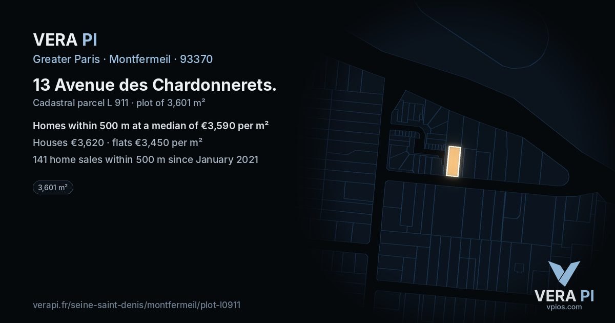 13 Avenue des Chardonnerets, Montfermeil at night – the plot lit, the parcels around coloured by the prices near them
