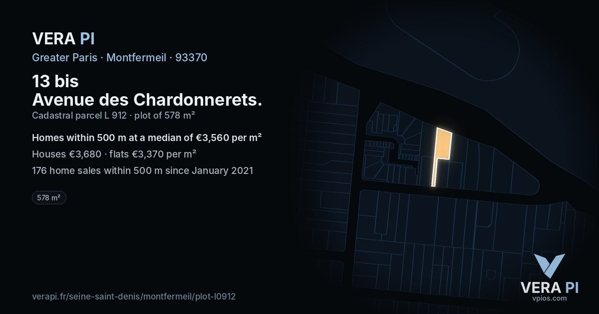 13 bis Avenue des Chardonnerets, Montfermeil at night – the plot lit, the parcels around coloured by the prices near them