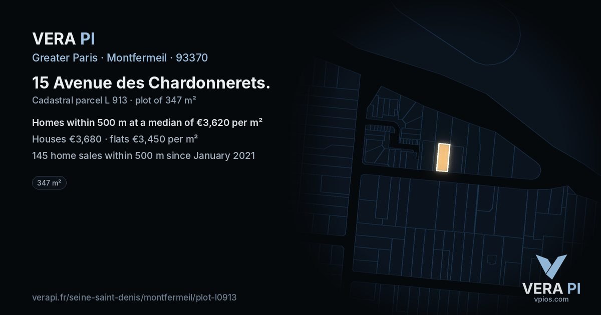 15 Avenue des Chardonnerets, Montfermeil at night – the plot lit, the parcels around coloured by the prices near them