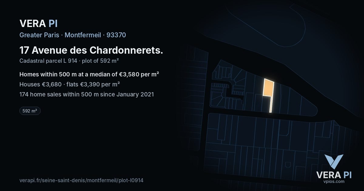 17 Avenue des Chardonnerets, Montfermeil at night – the plot lit, the parcels around coloured by the prices near them