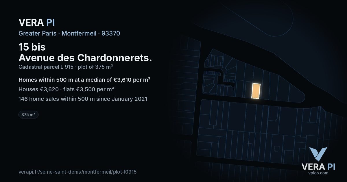 15 bis Avenue des Chardonnerets, Montfermeil at night – the plot lit, the parcels around coloured by the prices near them