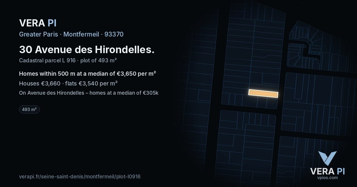 30 Avenue des Hirondelles, Montfermeil at night – the plot lit, the parcels around coloured by the prices near them