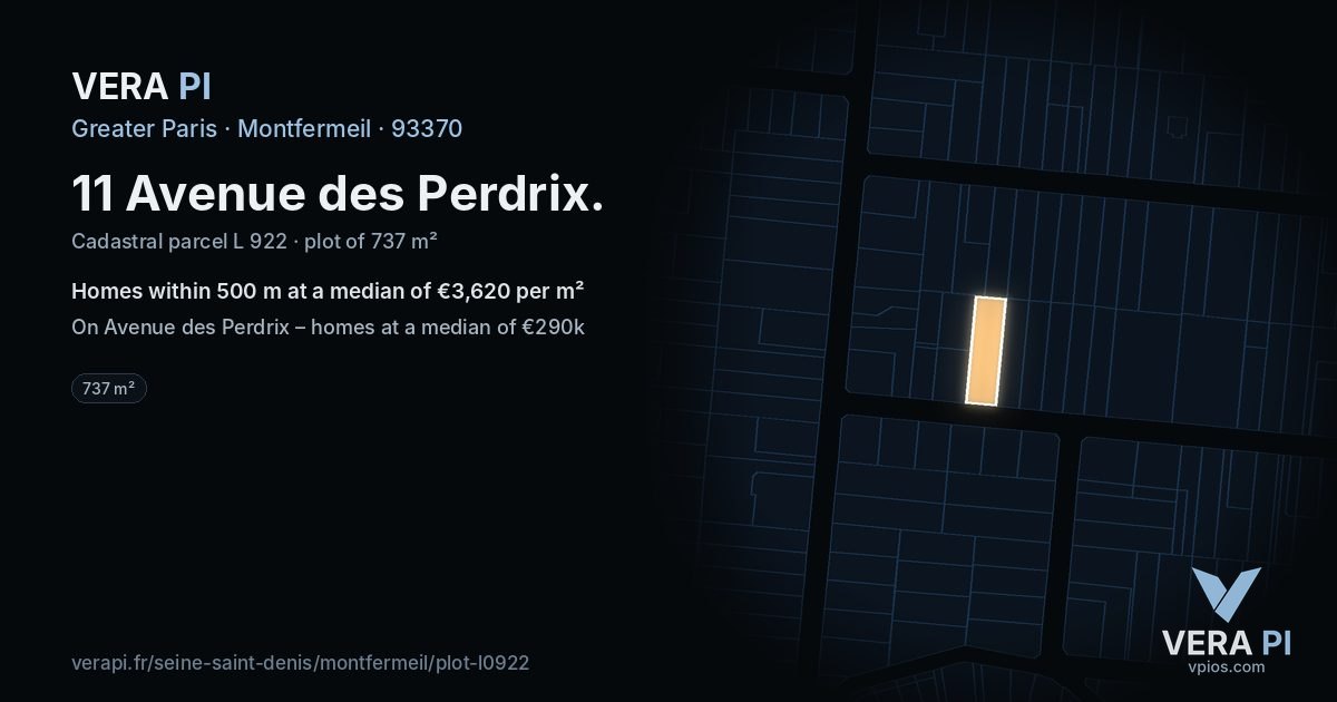11 Avenue des Perdrix, Montfermeil at night – the plot lit, the parcels around coloured by the prices near them