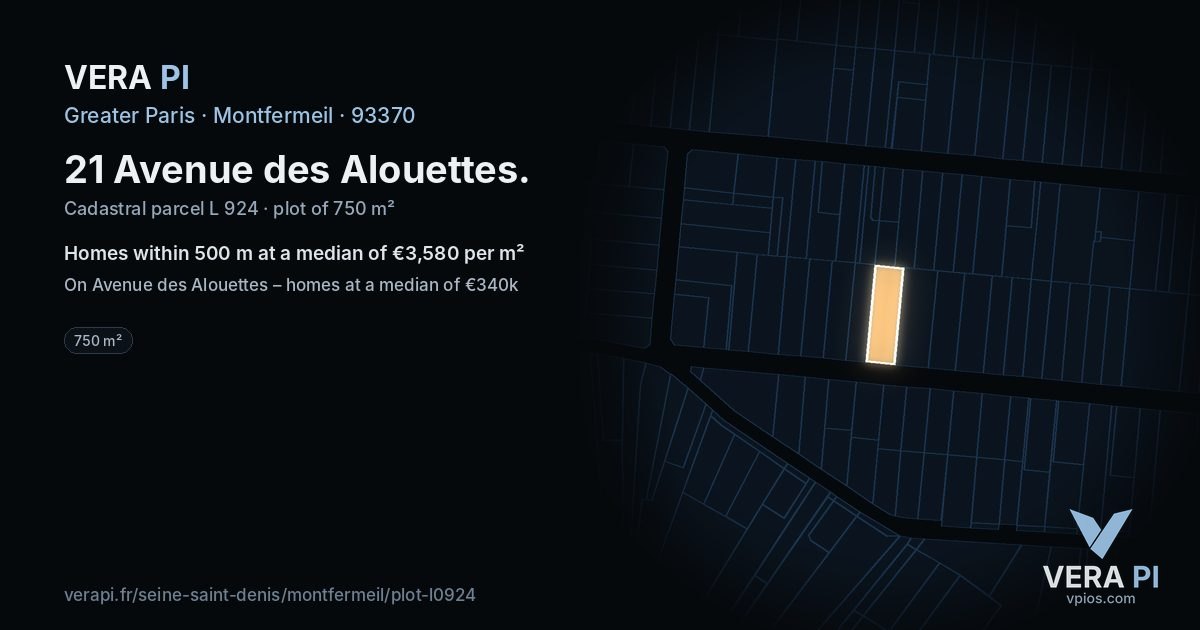 21 Avenue des Alouettes, Montfermeil at night – the plot lit, the parcels around coloured by the prices near them