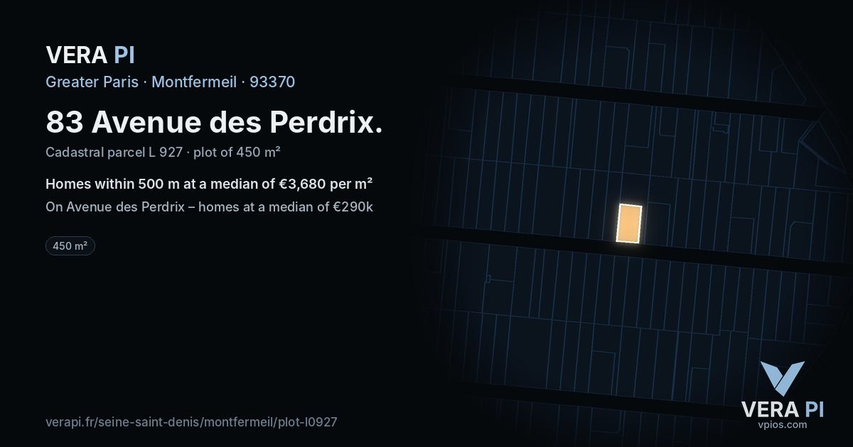 83 Avenue des Perdrix, Montfermeil at night – the plot lit, the parcels around coloured by the prices near them