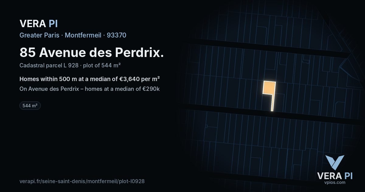 85 Avenue des Perdrix, Montfermeil at night – the plot lit, the parcels around coloured by the prices near them