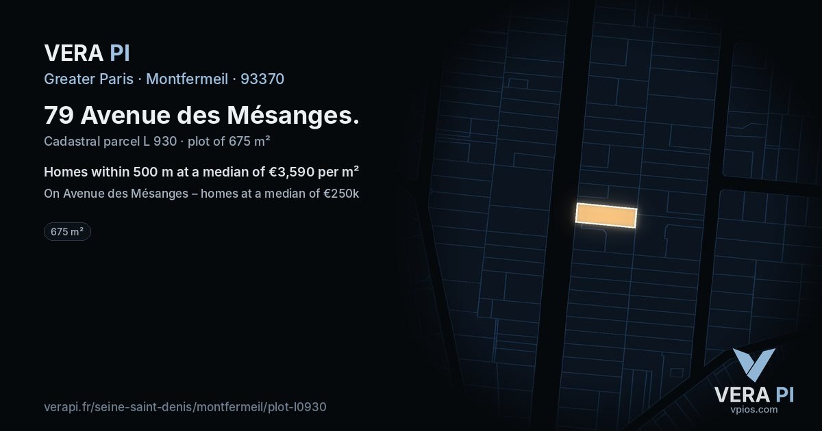 79 Avenue des Mésanges, Montfermeil at night – the plot lit, the parcels around coloured by the prices near them