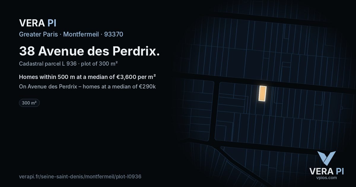 38 Avenue des Perdrix, Montfermeil at night – the plot lit, the parcels around coloured by the prices near them