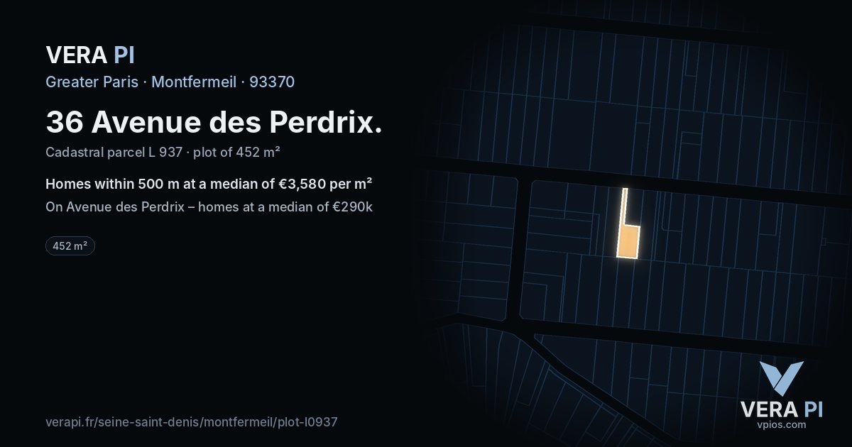 36 Avenue des Perdrix, Montfermeil at night – the plot lit, the parcels around coloured by the prices near them