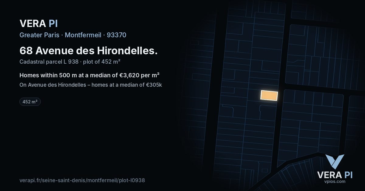 68 Avenue des Hirondelles, Montfermeil at night – the plot lit, the parcels around coloured by the prices near them