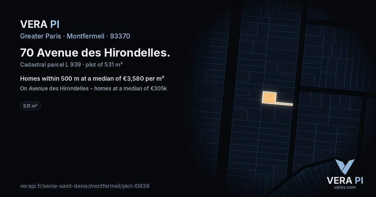 70 Avenue des Hirondelles, Montfermeil at night – the plot lit, the parcels around coloured by the prices near them