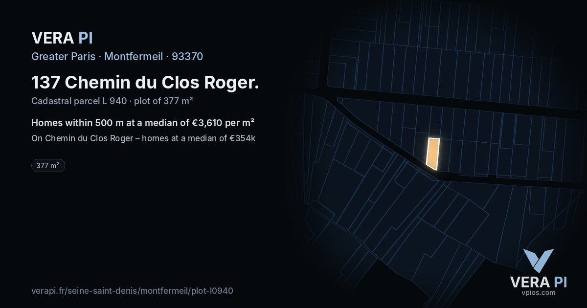 137 Chemin du Clos Roger, Montfermeil at night – the plot lit, the parcels around coloured by the prices near them