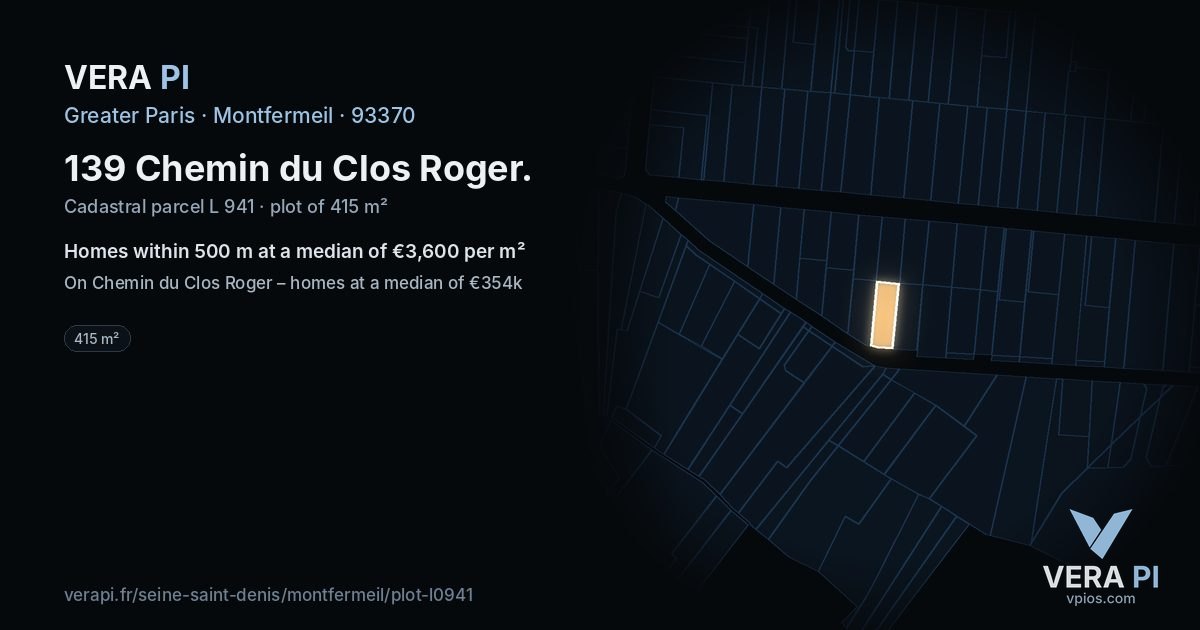 139 Chemin du Clos Roger, Montfermeil at night – the plot lit, the parcels around coloured by the prices near them