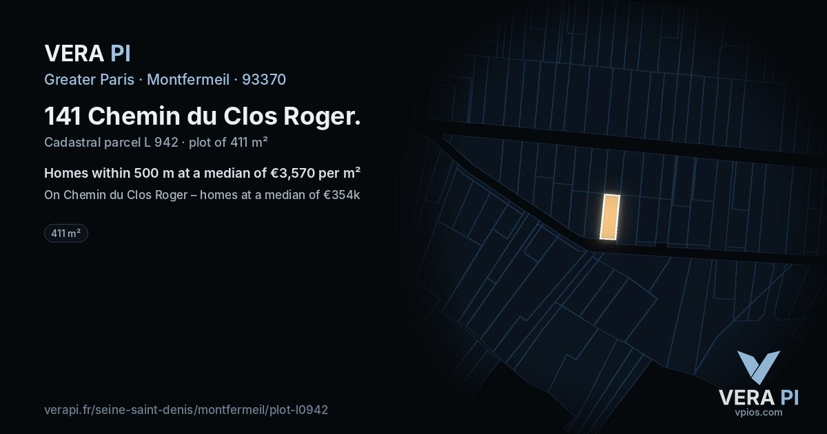 141 Chemin du Clos Roger, Montfermeil at night – the plot lit, the parcels around coloured by the prices near them